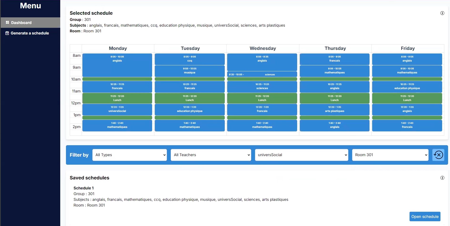 Schedule Generation Screenshot 1